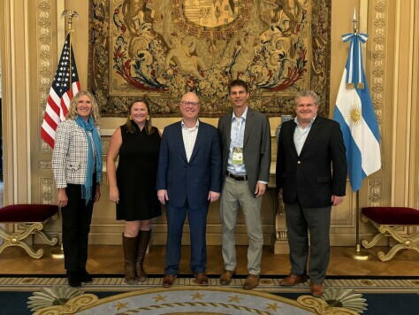 Regagnon, Roeber, Mullins and Tomas Peña, managing director of the Yield Lab Latam meet with Eric Olson, Regional Senior Commercial Officer and Elizabet Simon, Agribusiness Commercial Specialist at the U.S. Embassy in Buenos Aires